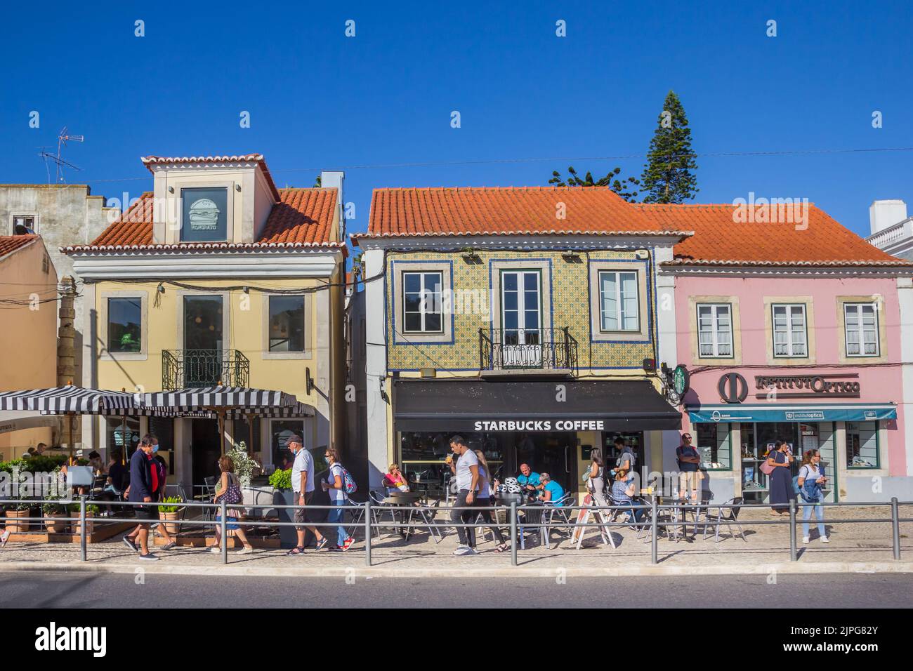 Cafe in traditional colorful houses in Belem, Lisbon, Portugal Stock Photo