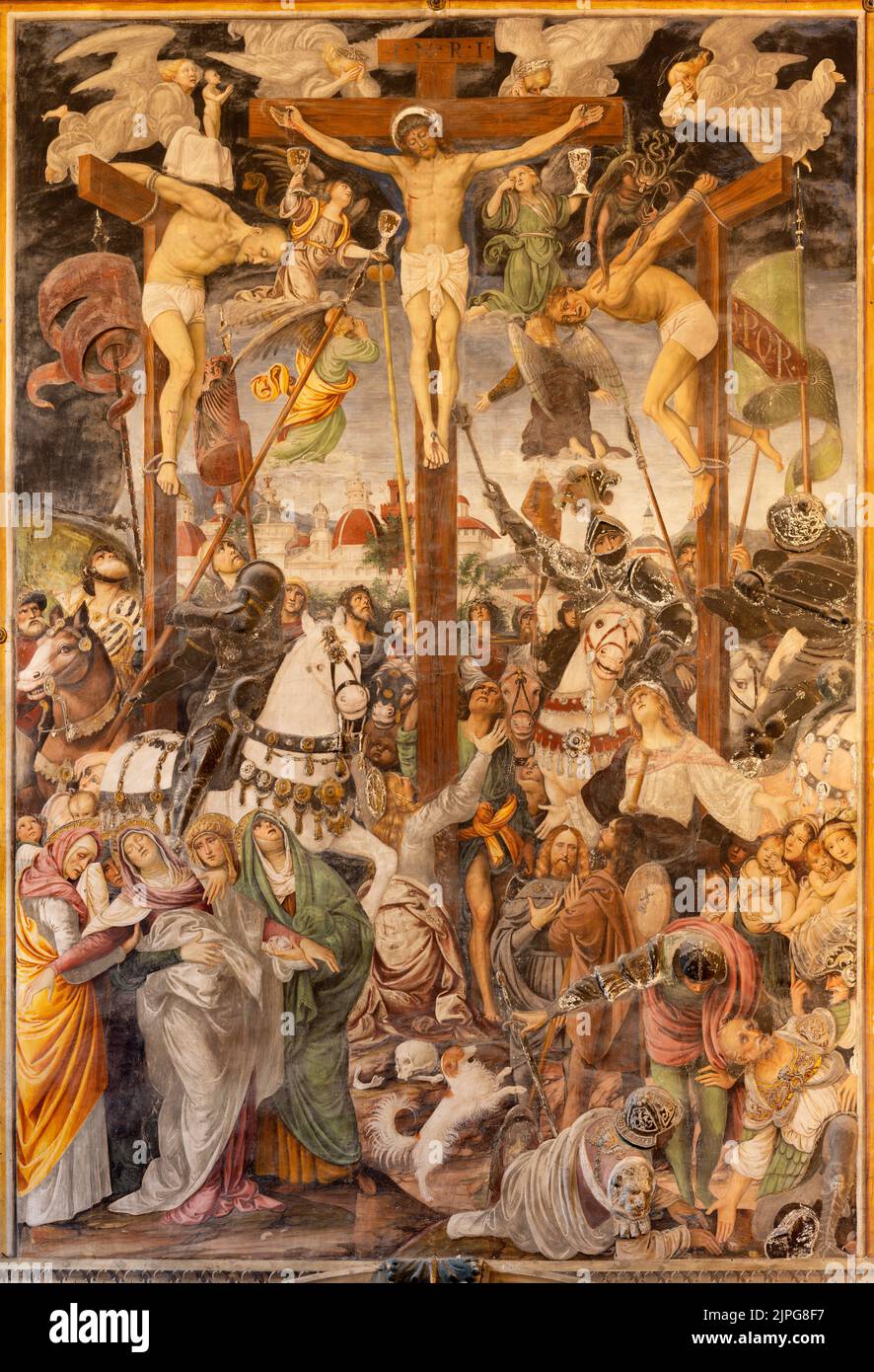 VARALLO, ITALY - JULY 17, 2022: The renaissance fresco of Cricifixion in the church Chiesa Santa Maria delle Grazie  by Gaudenzio Ferrari (1513). Stock Photo