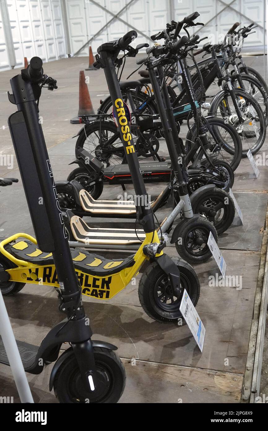 Farnborough, Hants, UK. 18th Aug, 2022. EScooters await buyers and the