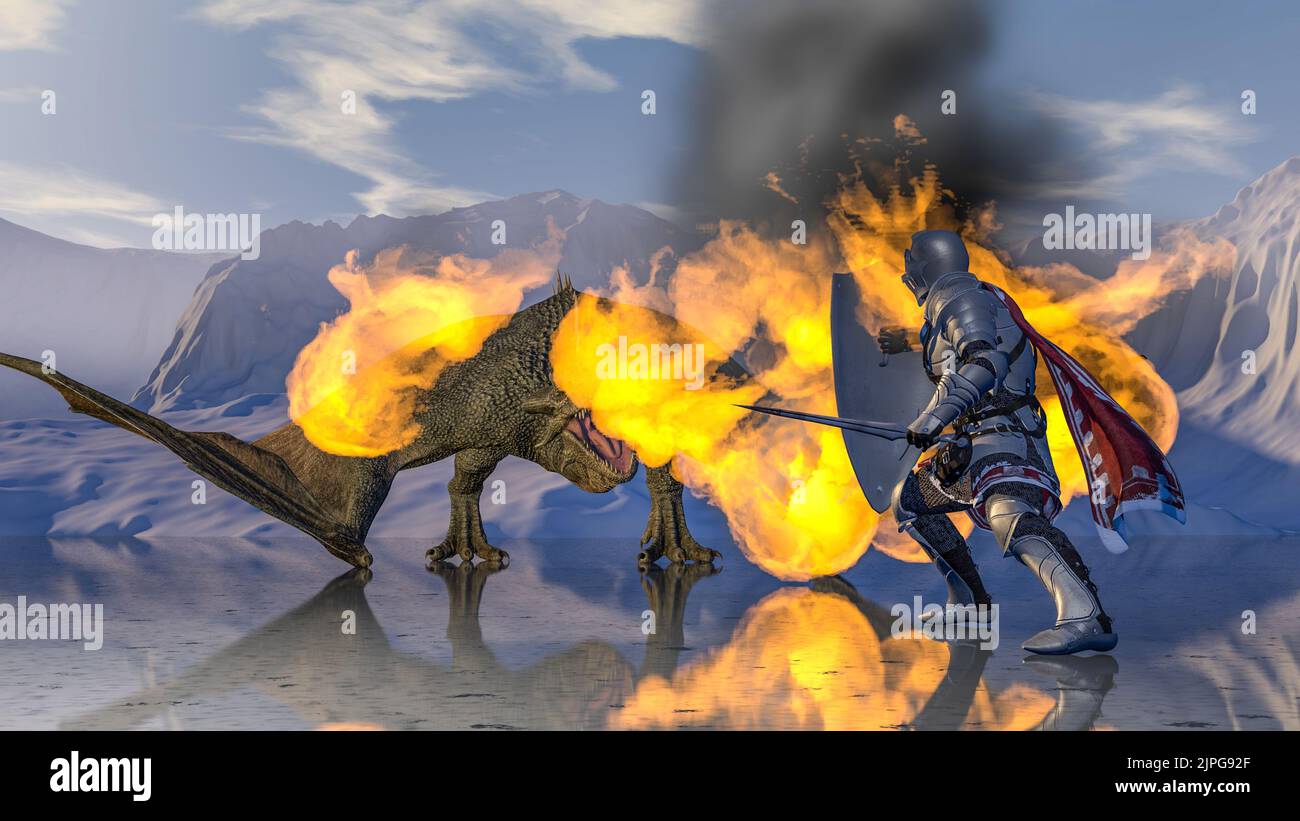 Medieval knight fights a fire-breathing dragon in the background of ...