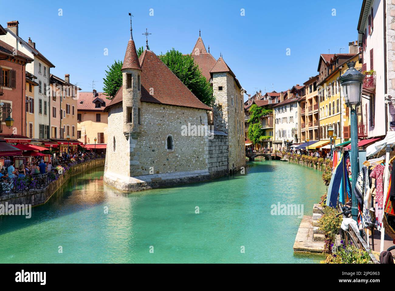 Annecy Haute Savoie France. The Palais de l'Isle and Thiou river Stock Photo