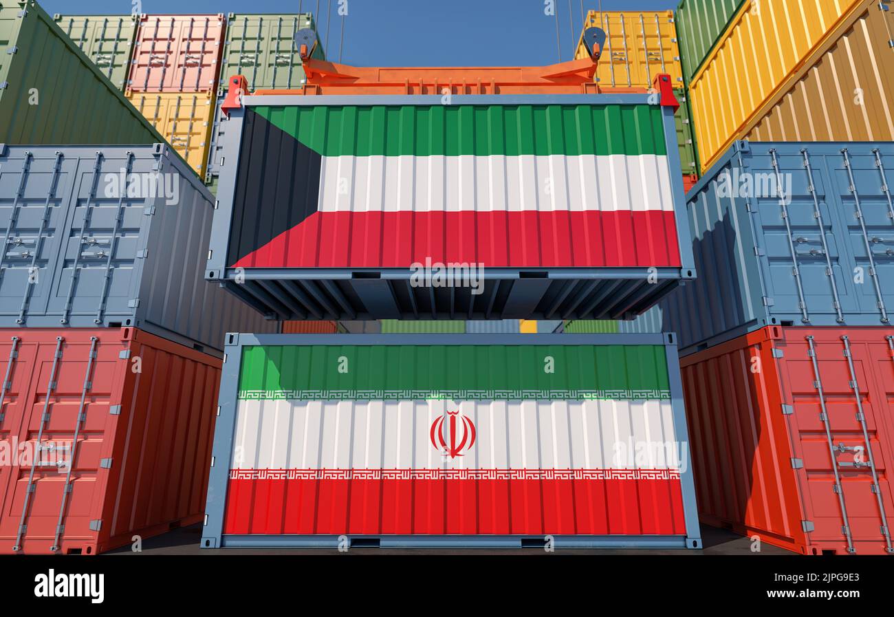 Cargo containers with Kuwait and Iran national flags. 3D Rendering