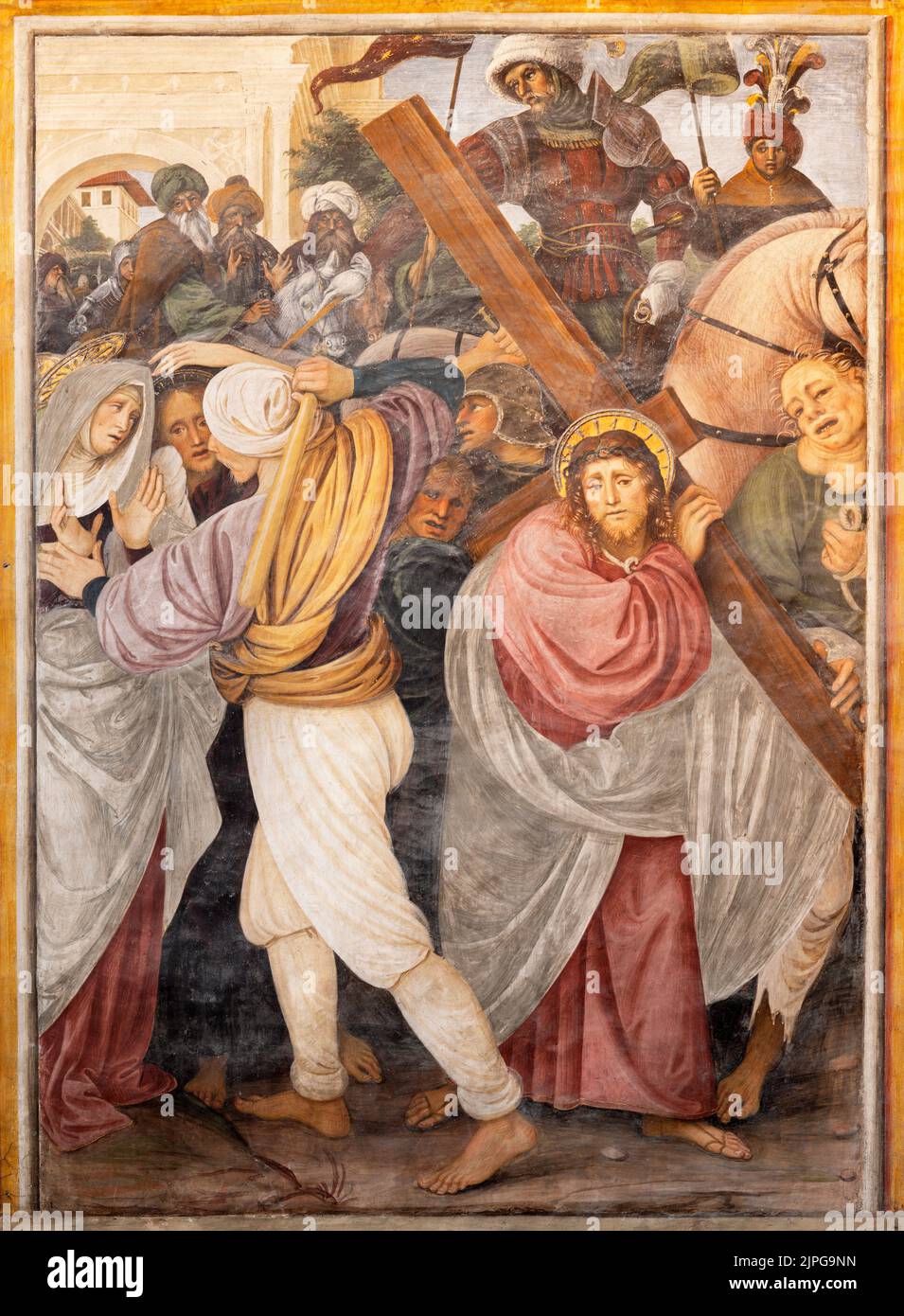 VARALLO, ITALY - JULY 17, 2022: The renaissance fresco Cross Way in the church Chiesa Santa Maria delle Grazie  by Gaudenzio Ferrari (1513). Stock Photo