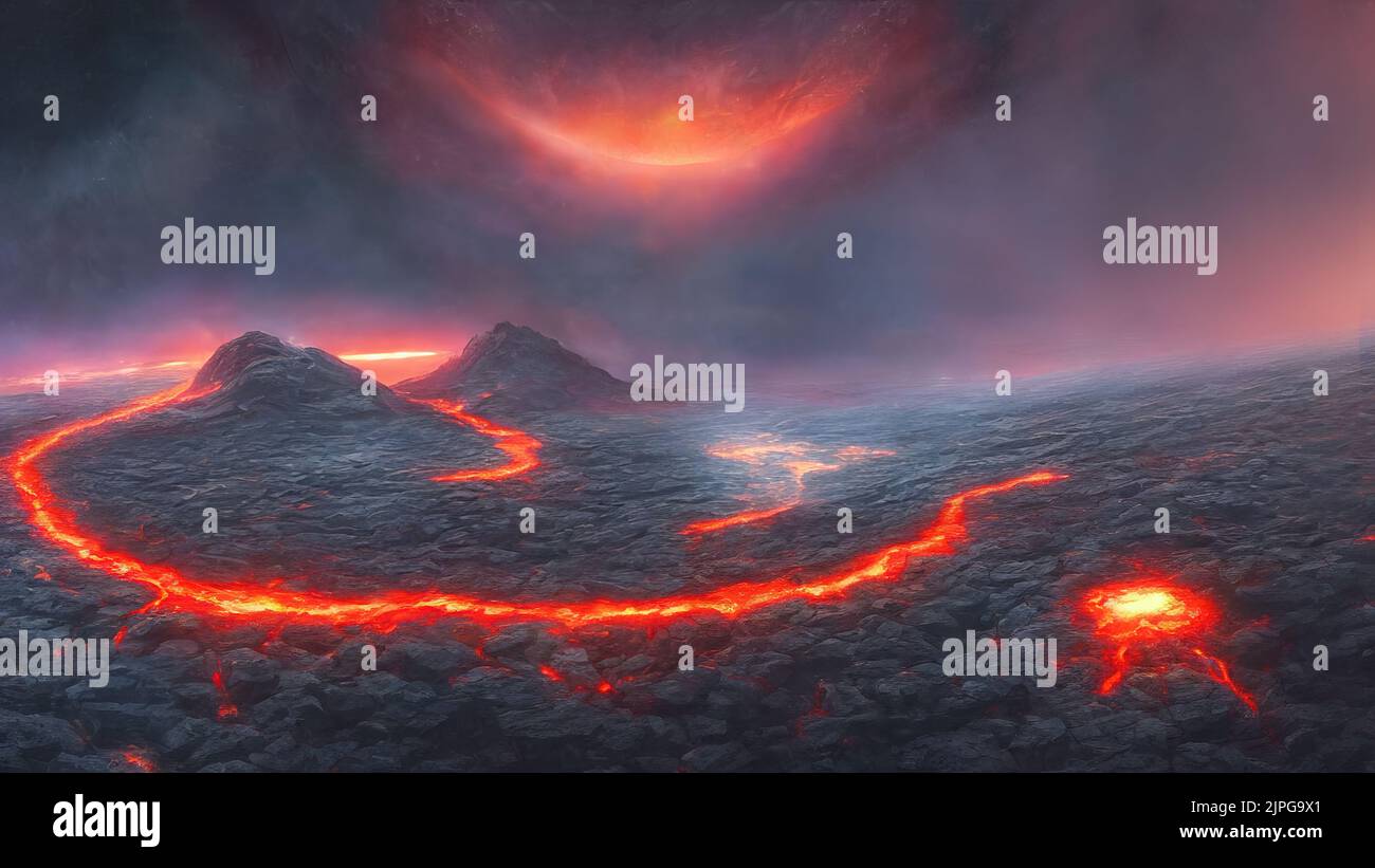 3d rendering of fantasy hot lava planet with liquid magma Stock Photo