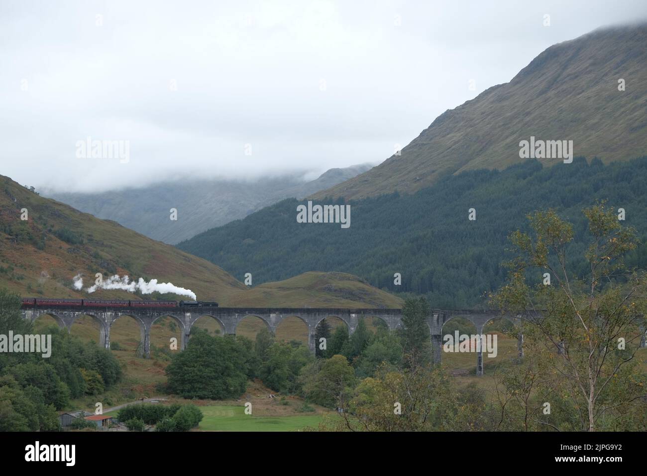 The Glenfinnan Viaduct with a moving train against green mountains