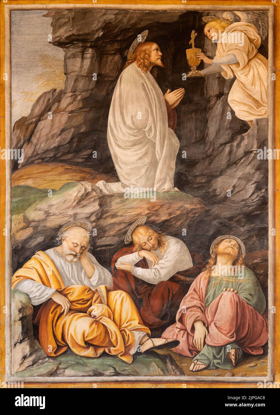 VARALLO, ITALY - JULY 17, 2022: The renaissance fresco of prayer of Jesus in Gethsemane garden in the church Chiesa Santa Maria delle Grazie Stock Photo