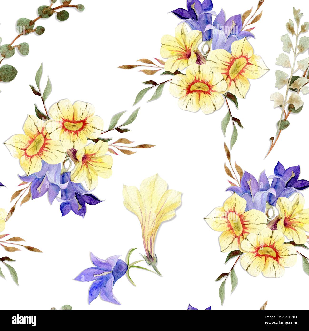 Watercolor hand drawn seamless pattern with autumn branches and leaves ...