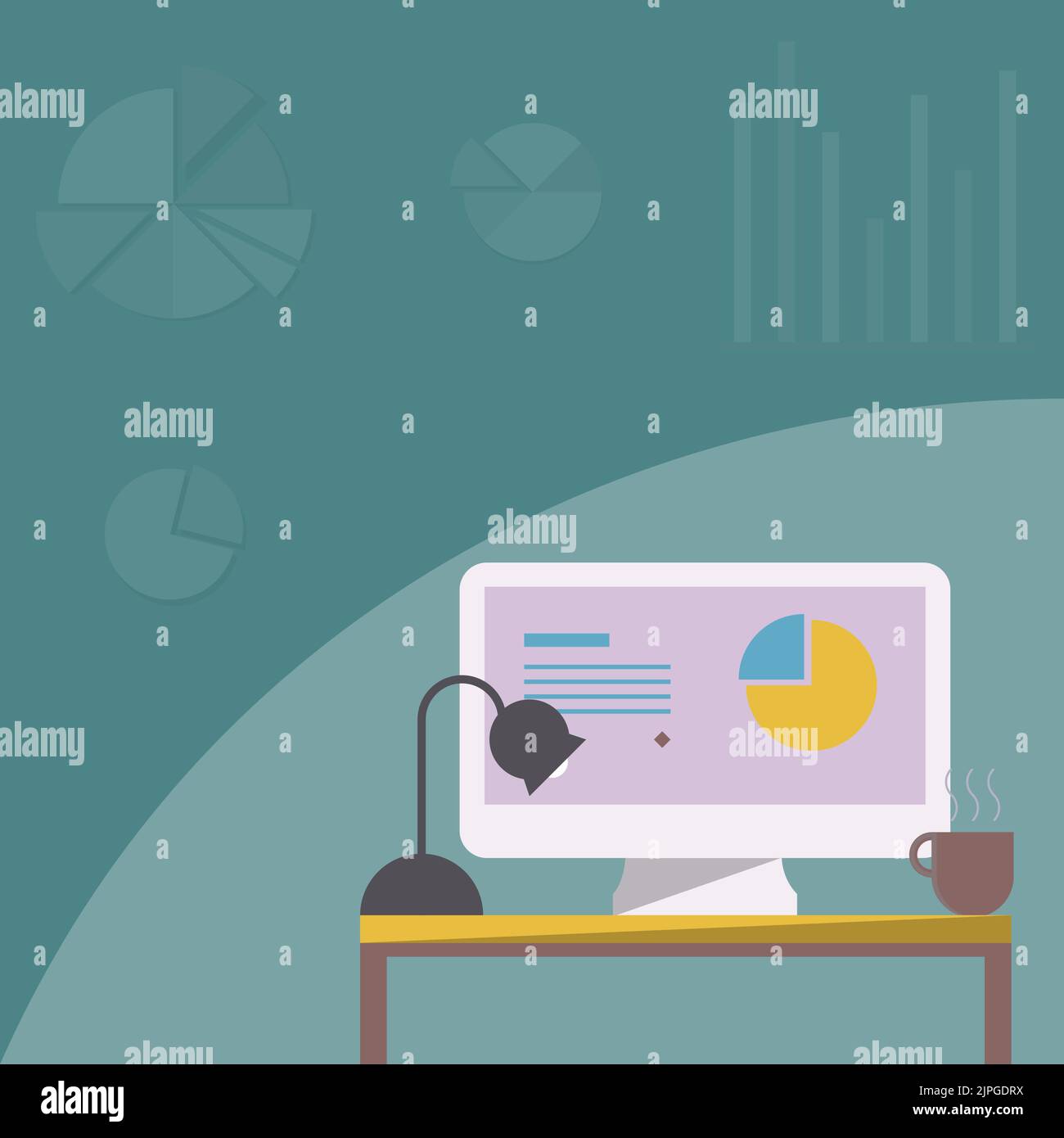 Desktop Resting On A Table Beside Coffee Mug And Light Lamp Showing Work Process. Organized Workspace Displaying Remote Job Projects. Stock Vector