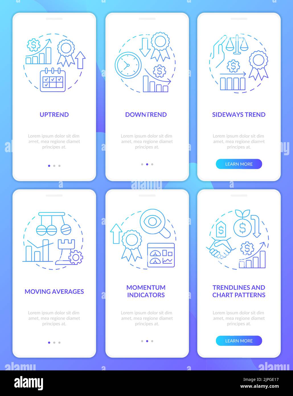 Types of trends blue gradient onboarding mobile app screen set Stock ...