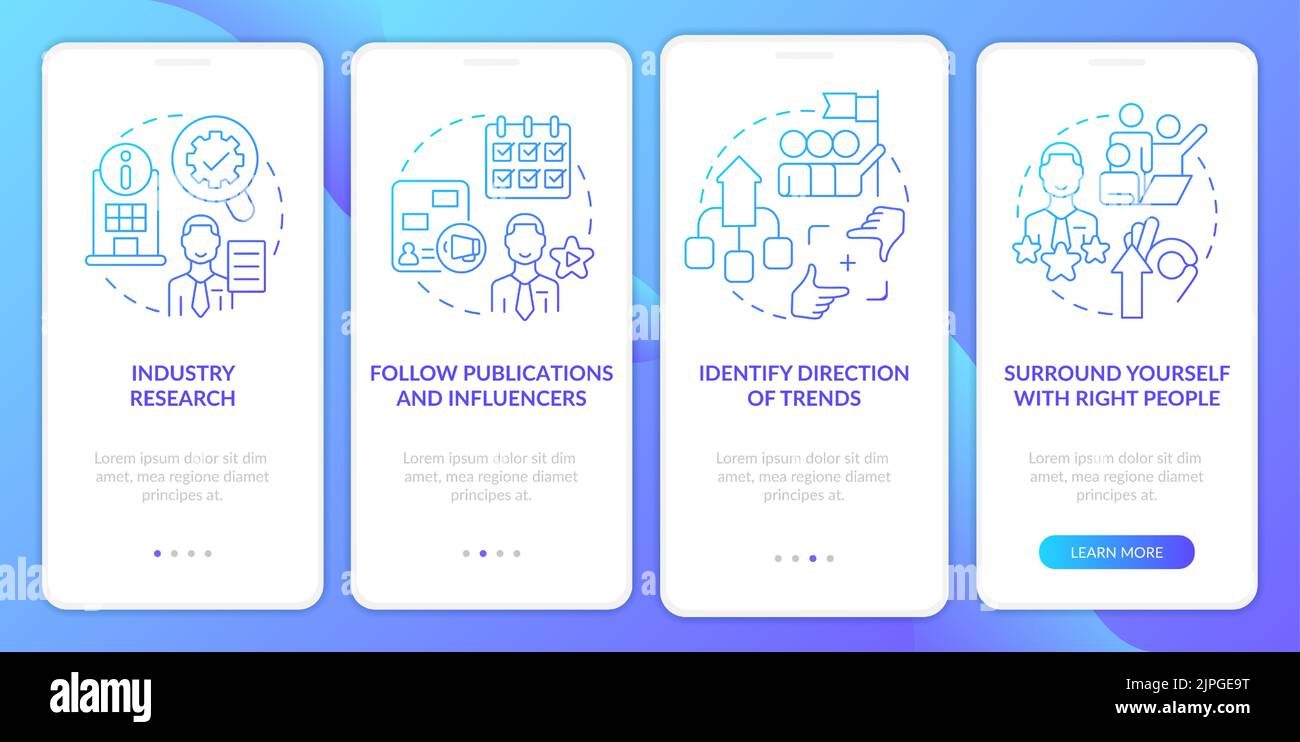 How to identify trends blue gradient onboarding mobile app screen Stock Vector