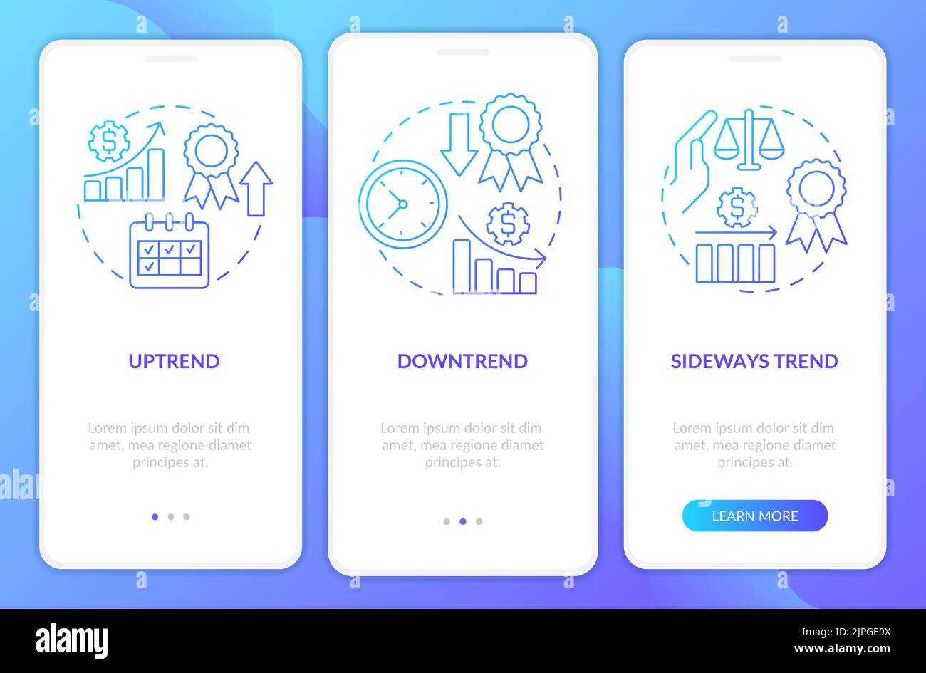 Types of trends blue gradient onboarding mobile app screen Stock Vector ...