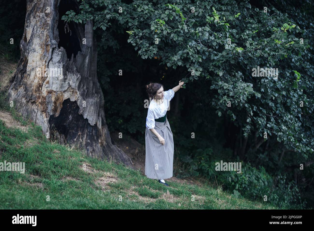 Portrait of a young slender woman in a 1910s costume. A girl stands under an old damaged tree in a mysterious place Stock Photo
