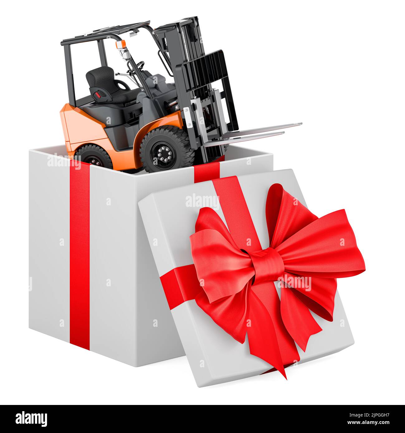 Forklift truck inside gift box, present concept. 3D rendering isolated
