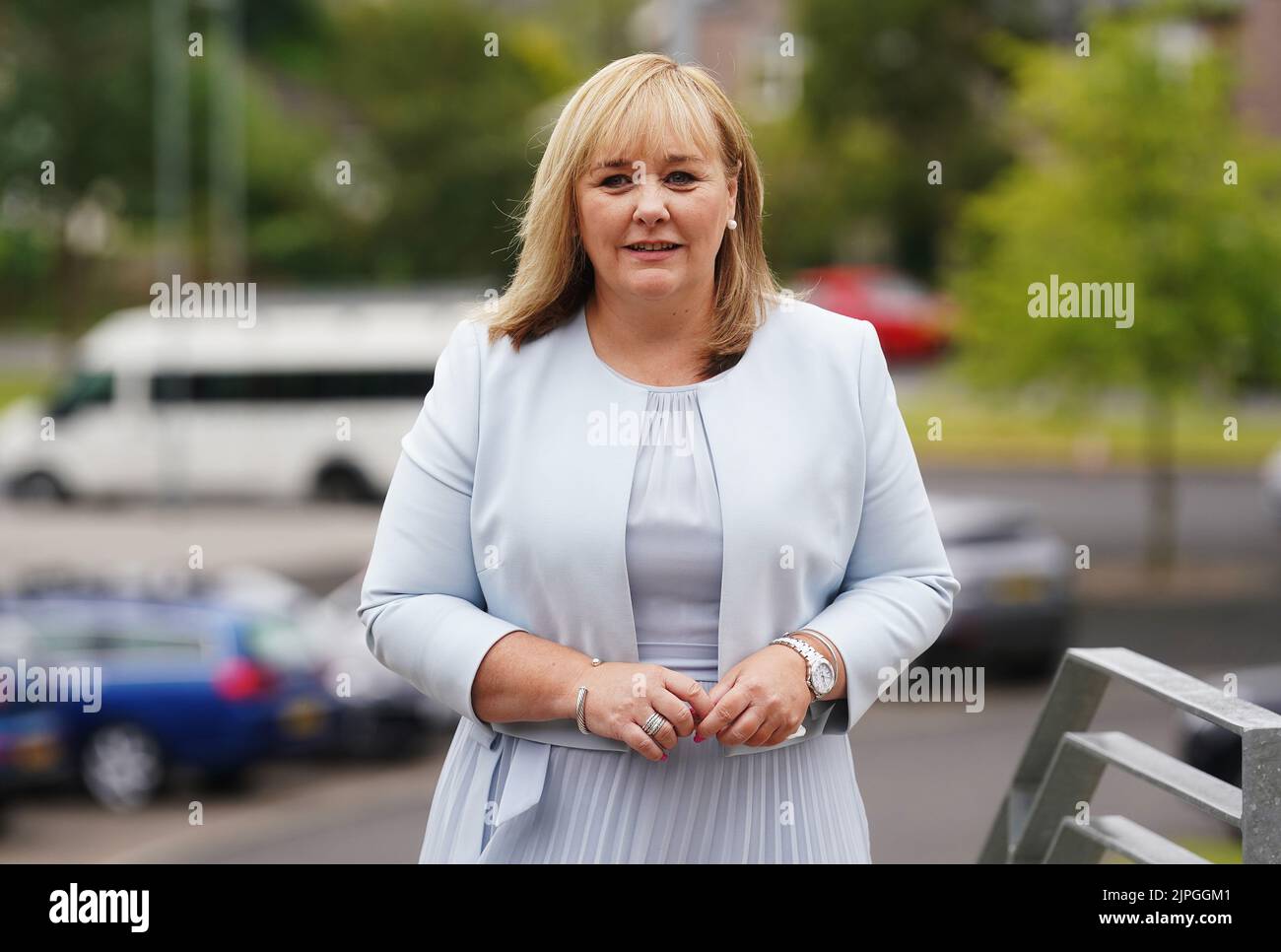 Education Minister Michelle McIlveen arriving at Strathearn Grammar School in east Belfast to meet with some of the past pupils receiving their A-level results. Picture date: Thursday August 18, 2022. Stock Photo