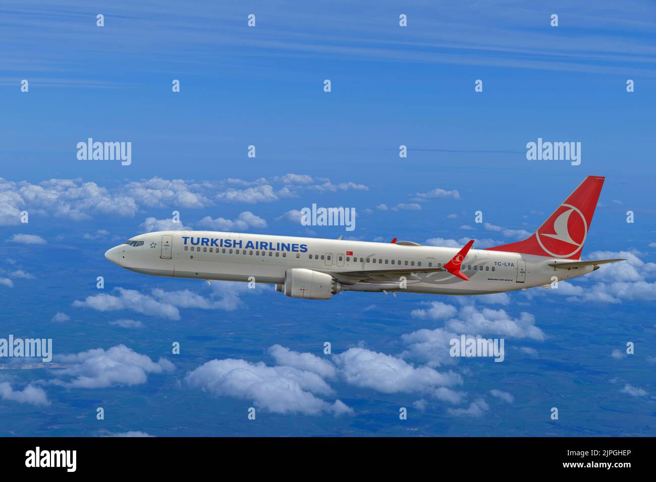 Turkish Airlines Boeing 737 MAX 9 aircraft in mid-flight.  Aircraft Registration TC-LYA. Stock Photo