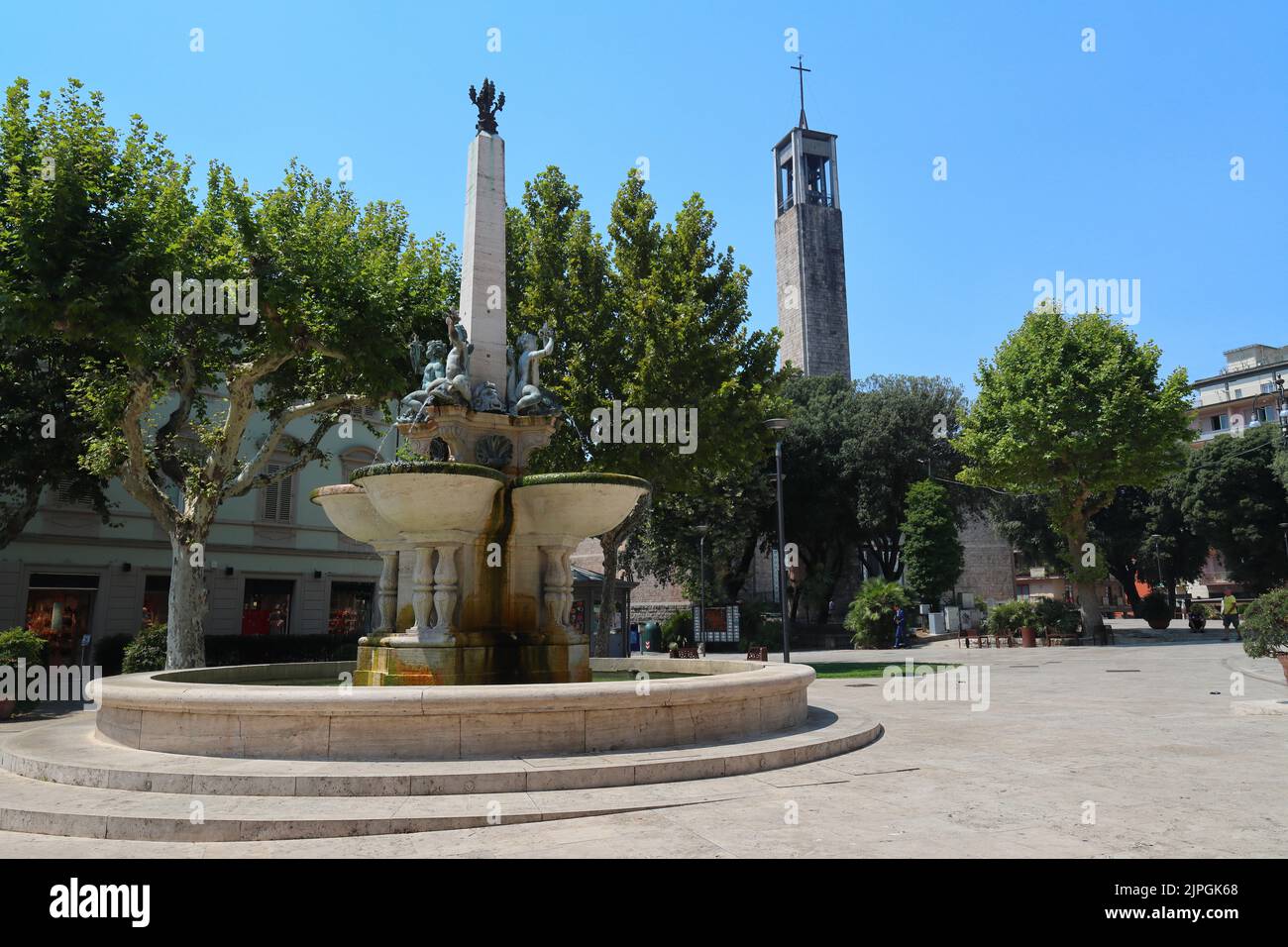 A Fountain and a Modern Church Spire in the center of Montecatini Terme, Tuscany, Italy. Stock Photo