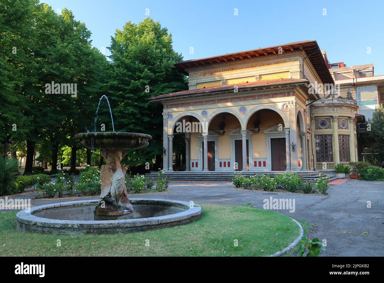 An old Spa Building with a Fountain in the Forground. Montecatini Terme, Tuscany, Italy. Stock Photo