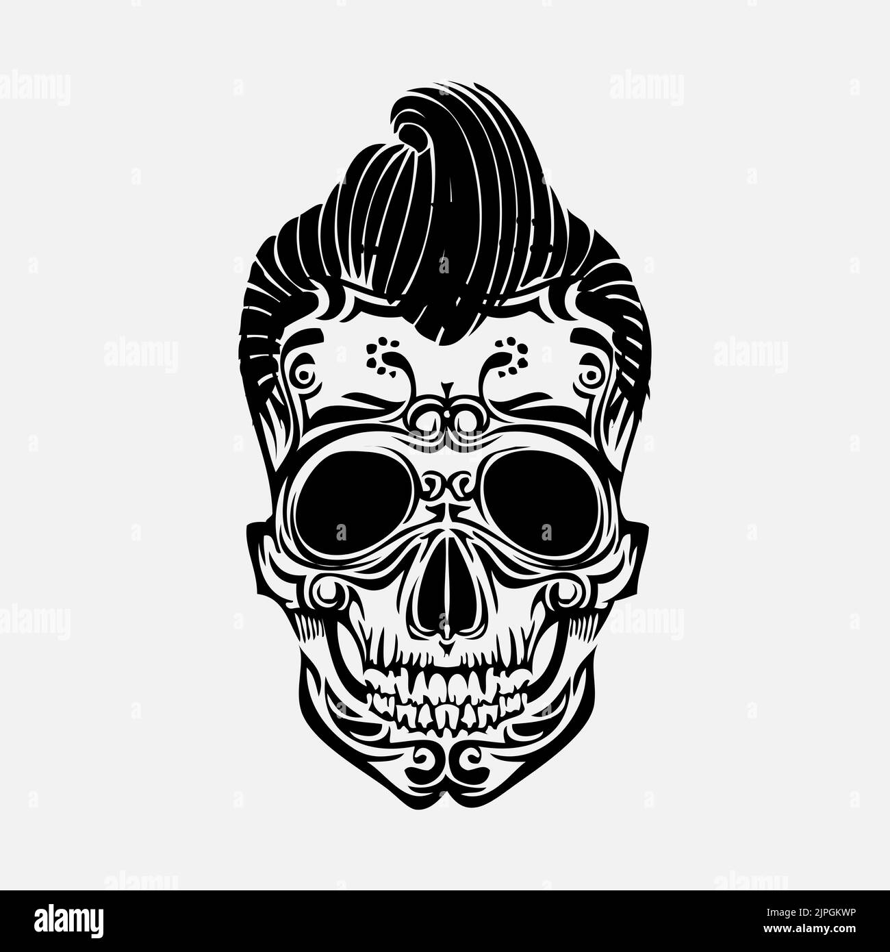 Skull tattoo design. Skull illustration. Skull design with some hair on top Stock Photo