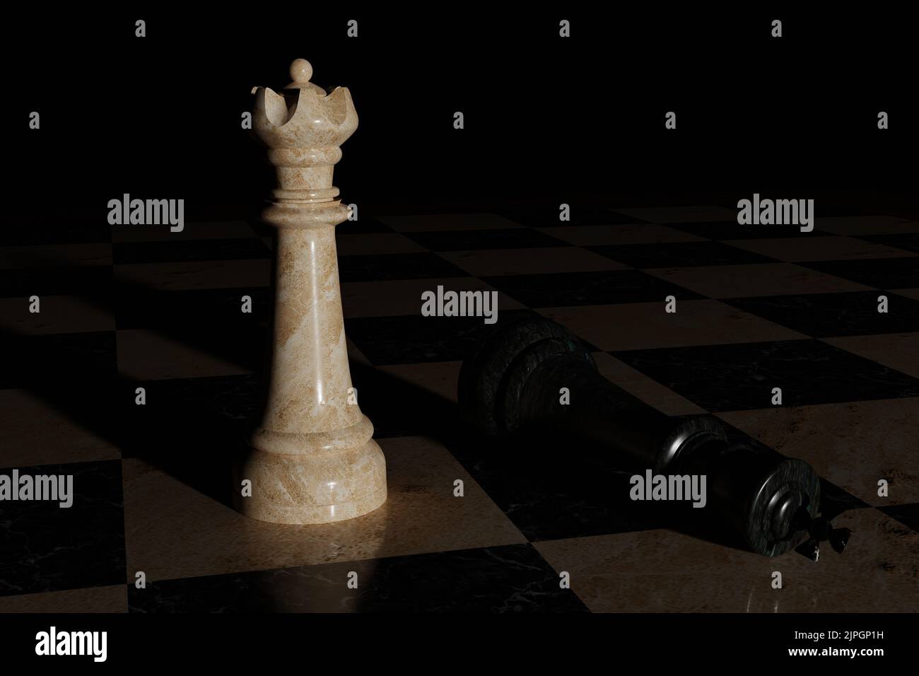 A completed chess game setup on a table with opposing chairs in a dark room  backlit by a bright window light - 3D render Stock Photo - Alamy