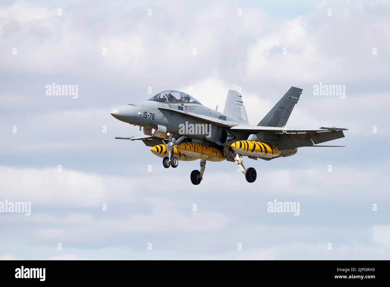 McDonnell Douglas EF-18B Hornet Multirole Military Jet Aircraft from the 15th Wing, Zaragoza arrives at RAF Fairford in the United Kingdom for RIAT Stock Photo
