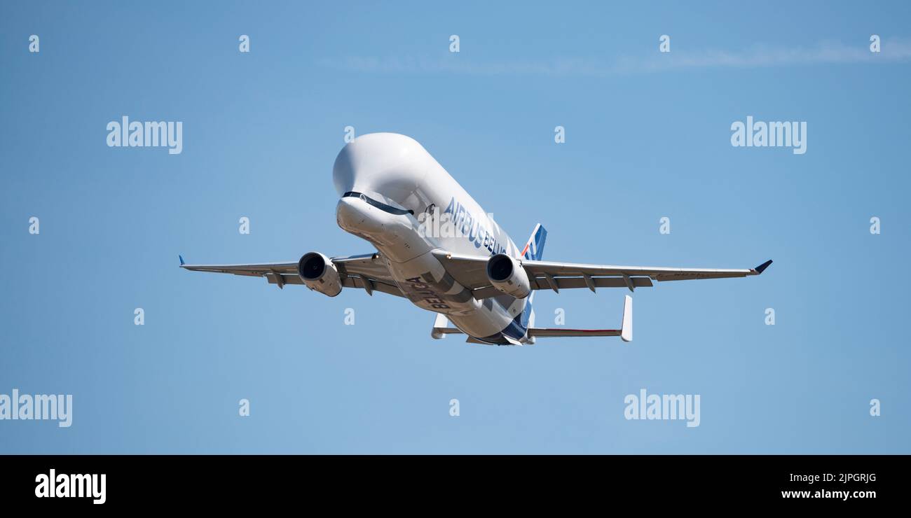 Airbus Industries A330 Beluga XL large transport airplane makes a pass at the Royal International Air Tattoo at RAF Fairford in the United Kingdom Stock Photo