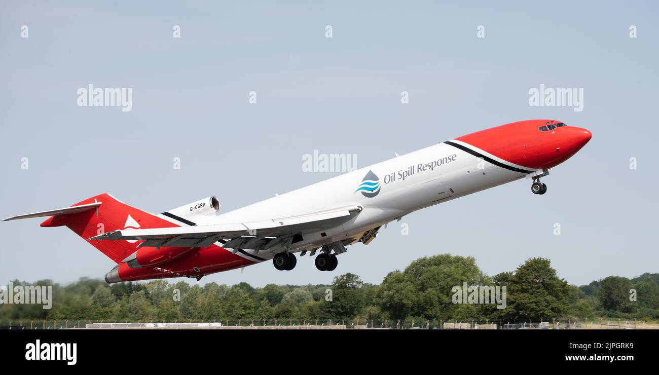 Modified Boeing 727 Airliner of Oil Spill Response Limited departs RAF Fairford in the United Kingdom after participating in the annual RIAT Stock Photo