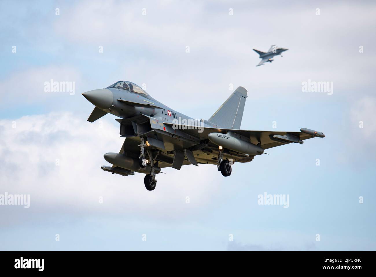 Two Eurofighter Typoon Jets from the Austrian Air Force arrive at RAF Fairford in Gloucestershire England to participate in the RIAT Stock Photo