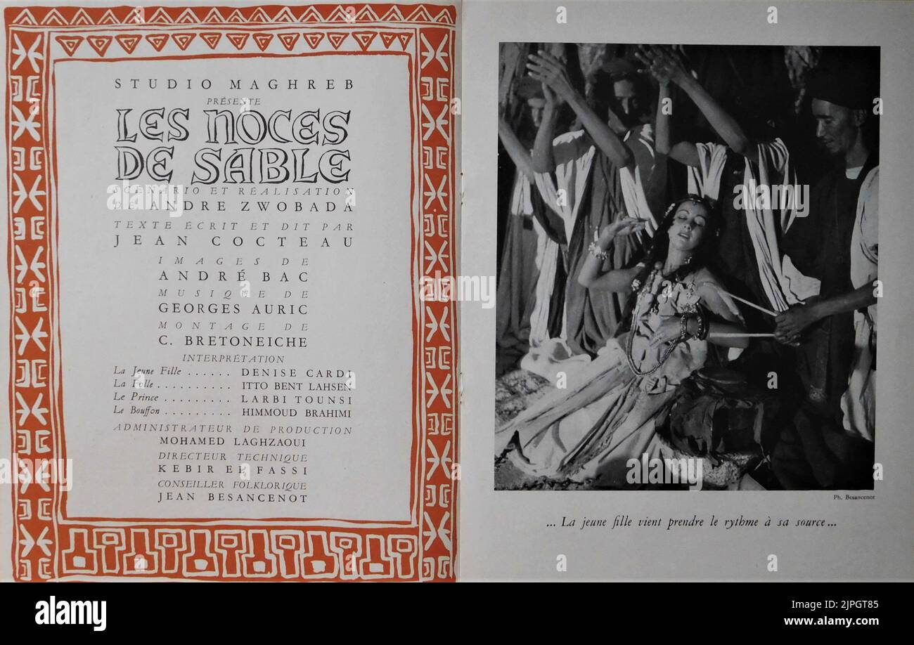Inside Pages of French Trade Brochure for DENISE CARDI in LES NOCES DE SABLE / DAUGHTER OF THE SANDS 1948 director / writer ANDRE ZWOBODA text written and spoken by JEAN COCTEAU music Georges Auric France-Morocco co-production Studio Maghreb Stock Photo
