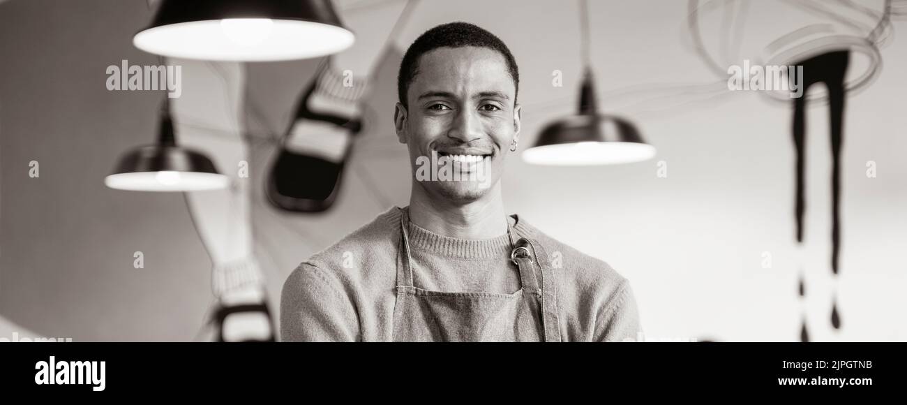 Horizontal banner or header with smiling owner or waiter in work ...