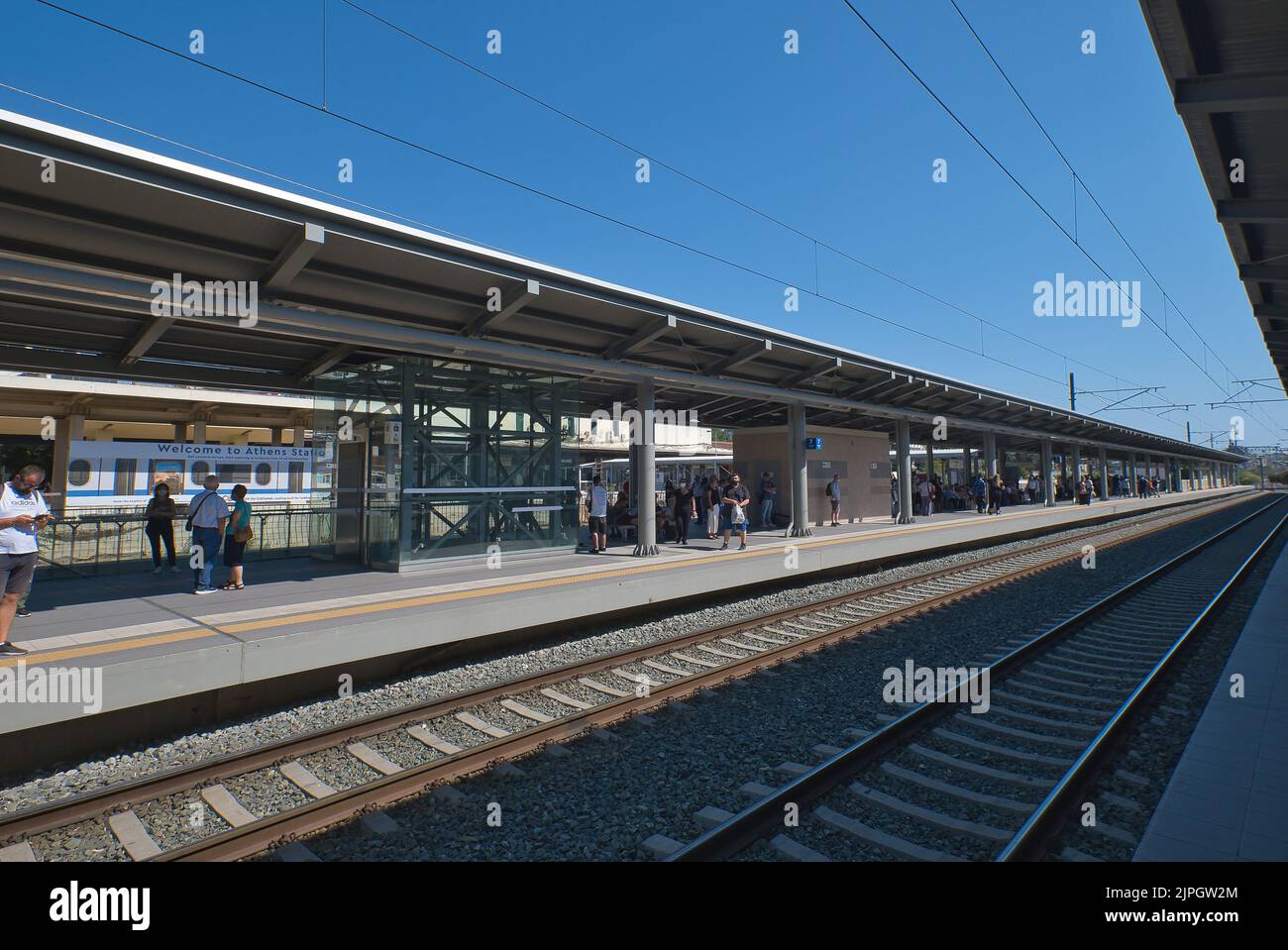 Platform at the Larissa station in Athens in Summer Stock Photo