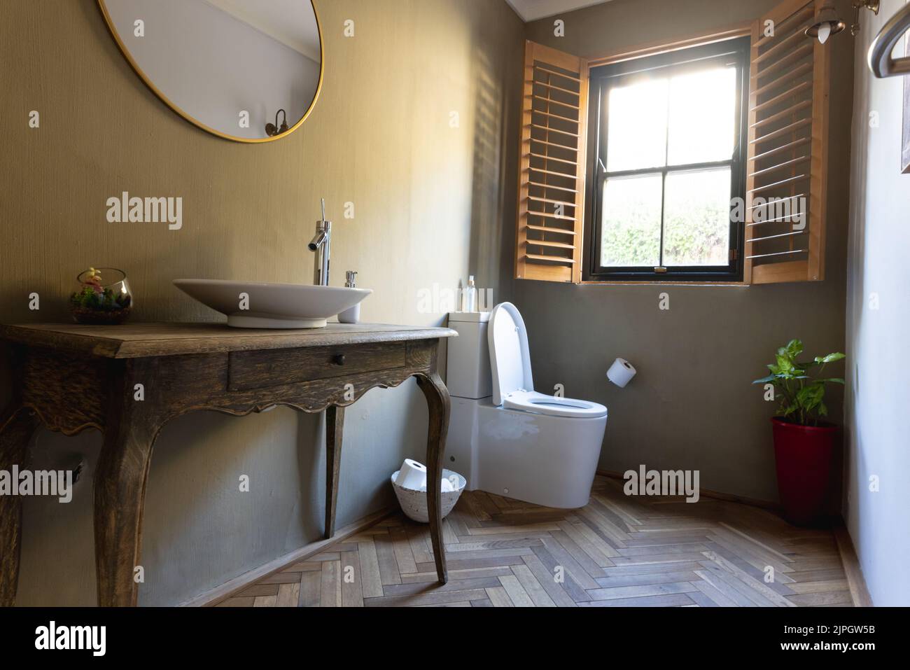 General view of luxury interior of bathroom with toilet and washbasin Stock Photo