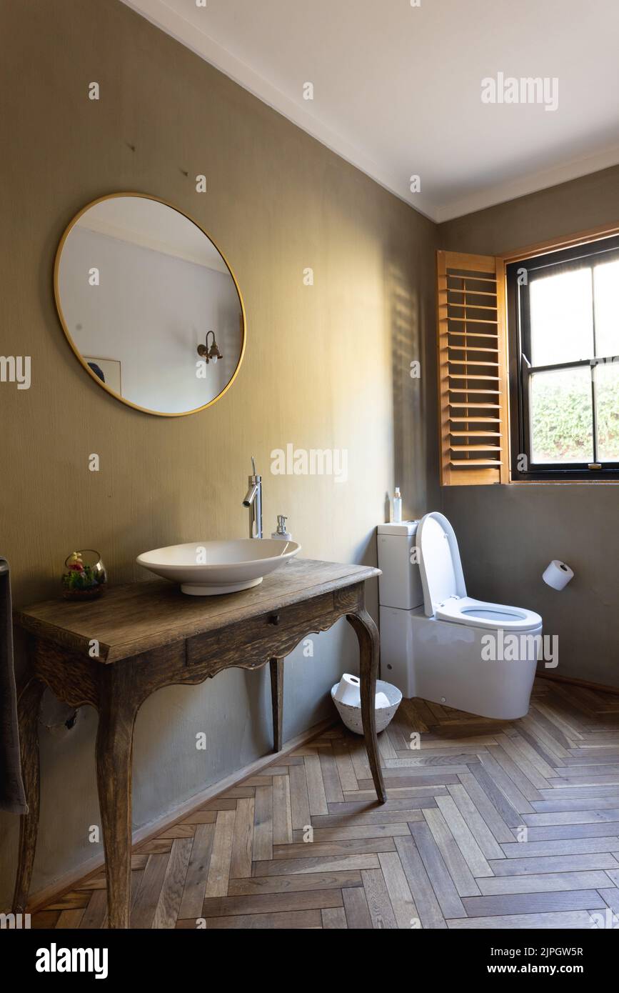 General view of luxury interior of bathroom with toilet and washbasin Stock Photo
