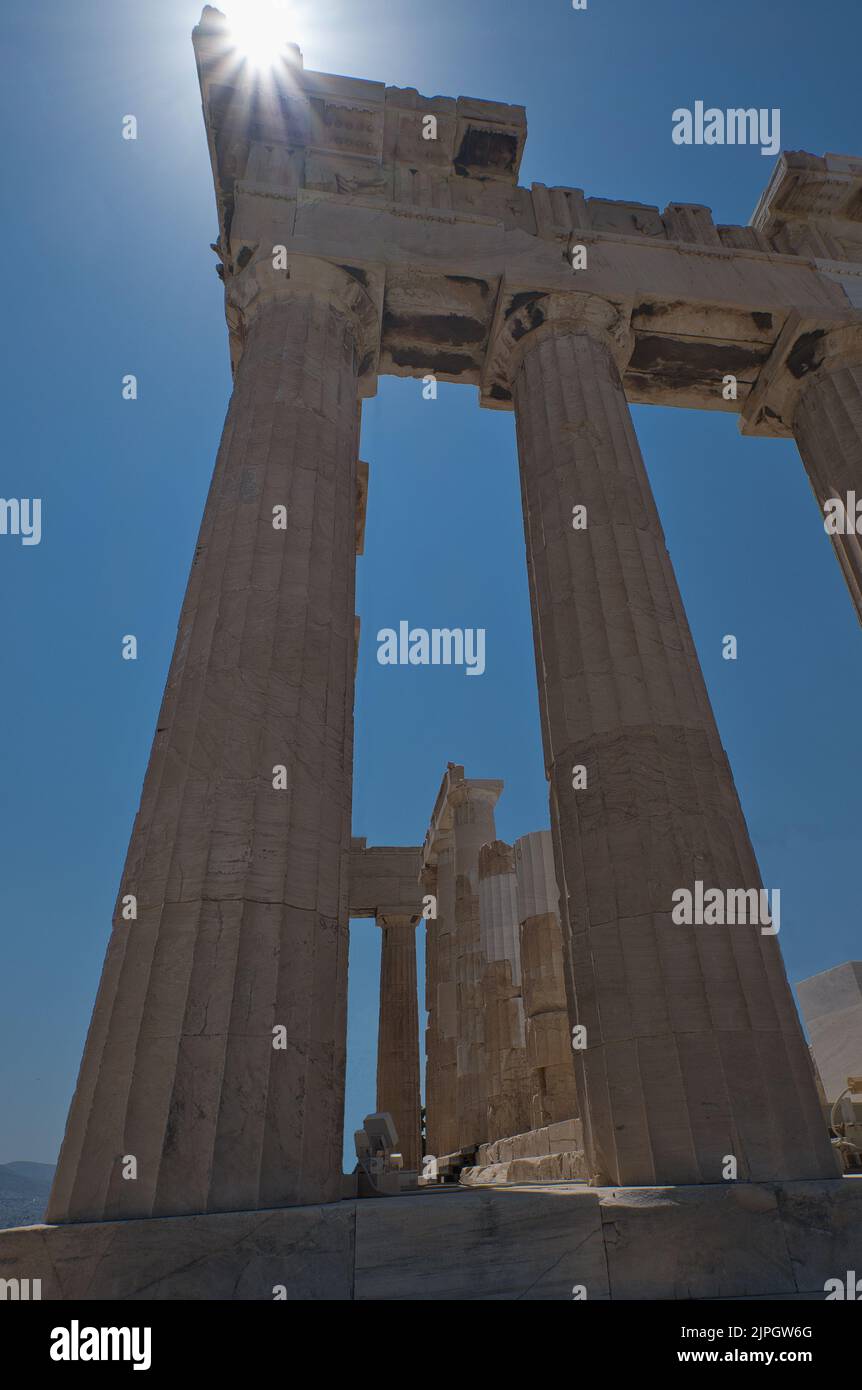 Sun flare at the Parthenon at the Acropolis in summer Stock Photo