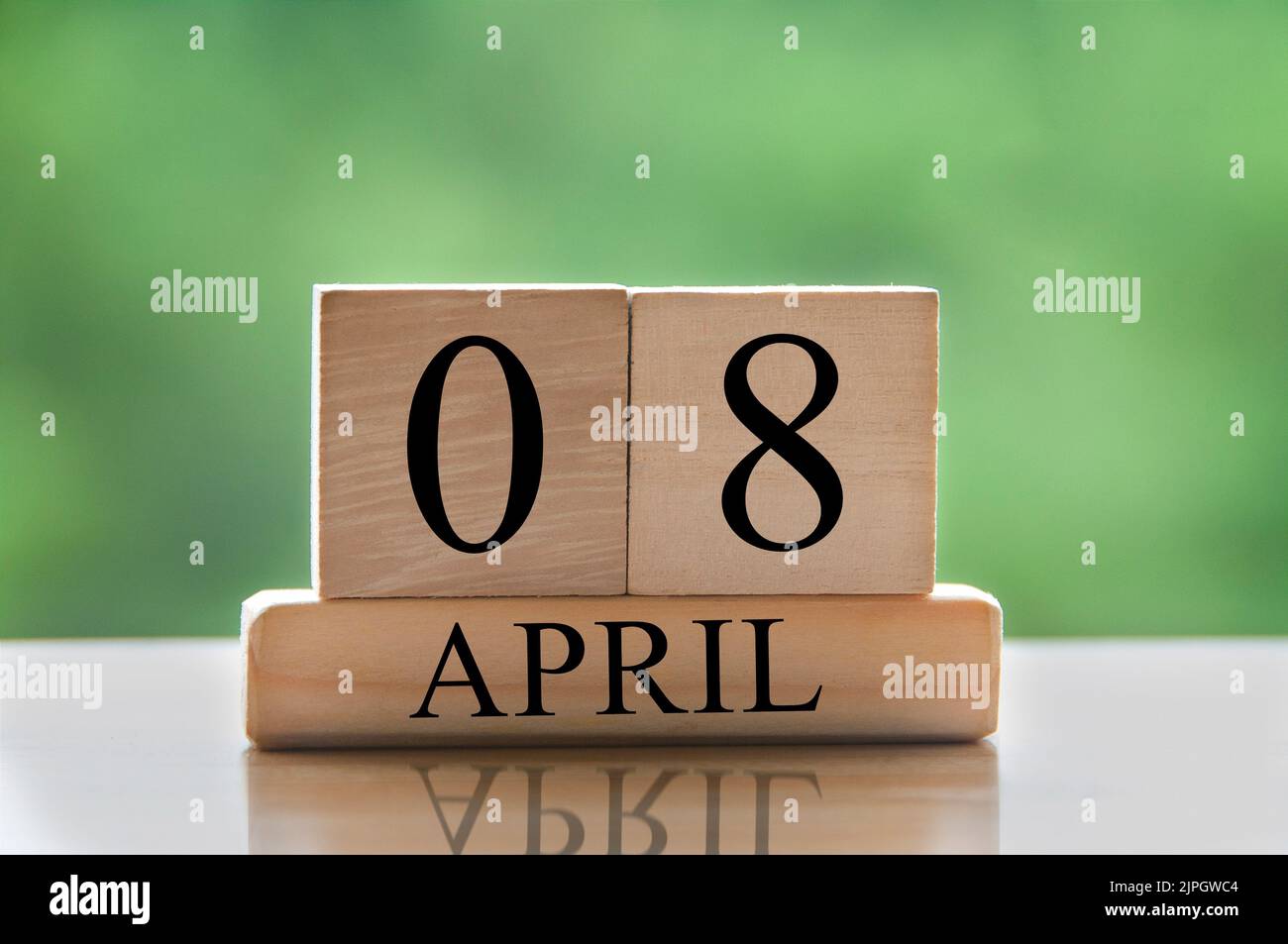 April 8 calendar date text on wooden blocks with blurred park background. Copy space and calendar concept. Stock Photo