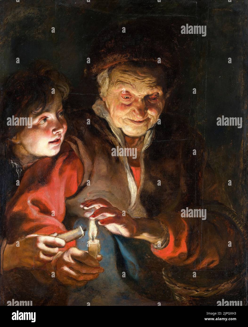 Peter Paul Rubens, Old Woman and Boy with Candles, painting in oil on panel, 1616-1617 Stock Photo