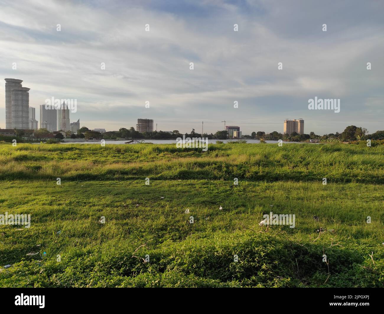 Greenfield and sunny evening sky with clouds, the background of