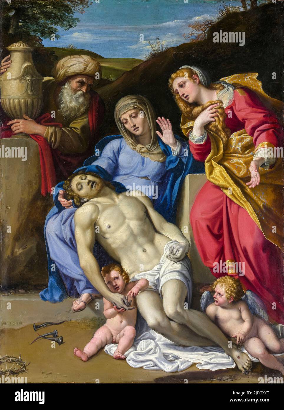 Domenico Zampieri called Domenichino painting, The Lamentation, oil on copper, 1603 Stock Photo