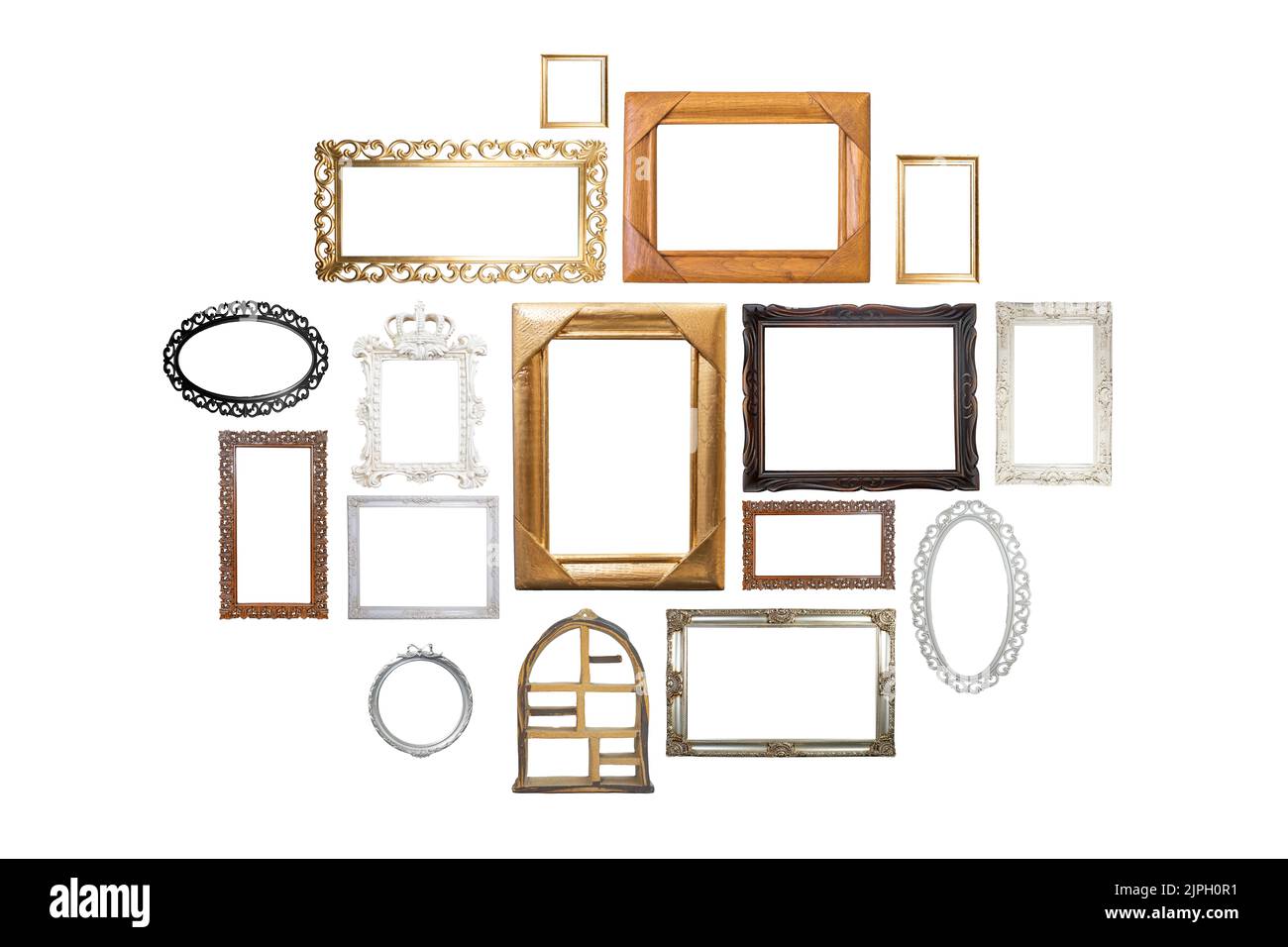 Multiple empty frames with different colors and textures, isolated on white background Stock Photo