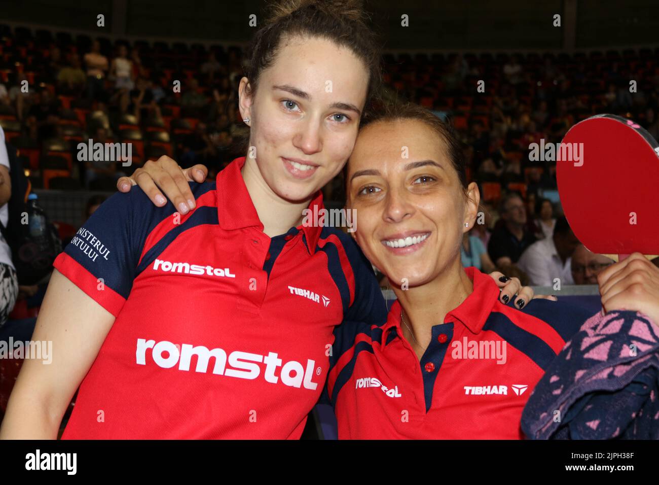 Munich, Germany . 18th Aug, 2022. MUNICH, Germany., . TABLE TENNIS - Day 8 - European Championships Munich 2022 - celebration and joy by the match winners (R) Elizabeta SAMARA/Andreea DRAGOMAN (L) of Romania - WOMEN'S DOUBLES SEMIFINAL match on day 8 of the European Championships Munich 2022 at Rudi-Sedlmayer-Halle on August 15, 2022 in Munich, Germany. photo by Arthur THILL/ATP images Credit: SPP Sport Press Photo. /Alamy Live News Stock Photo
