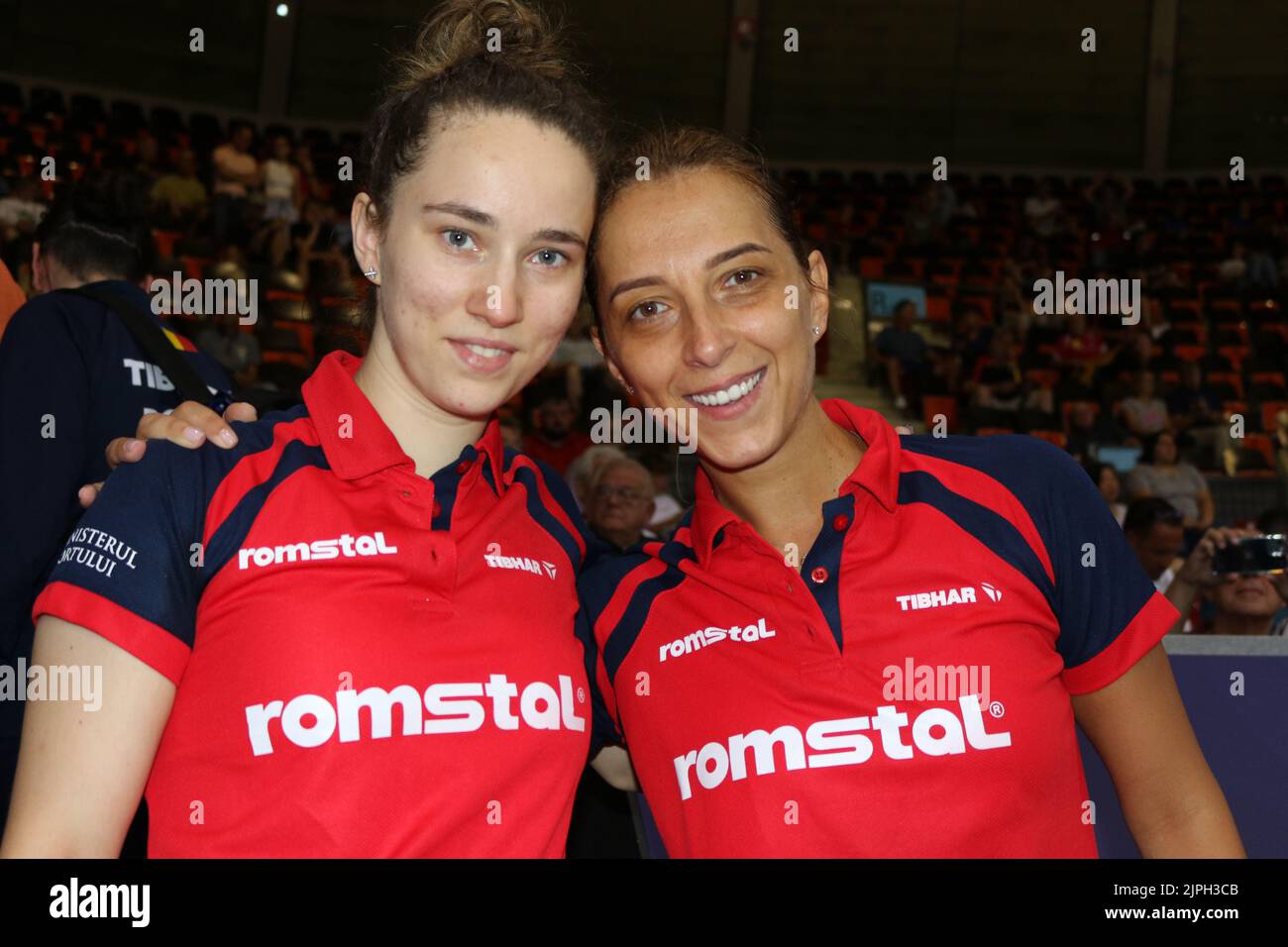 Munich, Germany . 18th Aug, 2022. MUNICH, Germany., . TABLE TENNIS - Day 8 - European Championships Munich 2022 - celebration and joy by the match winners (R) Elizabeta SAMARA/Andreea DRAGOMAN (L) of Romania - WOMEN'S DOUBLES SEMIFINAL match on day 8 of the European Championships Munich 2022 at Rudi-Sedlmayer-Halle on August 15, 2022 in Munich, Germany. photo by Arthur THILL/ATP images Credit: SPP Sport Press Photo. /Alamy Live News Stock Photo