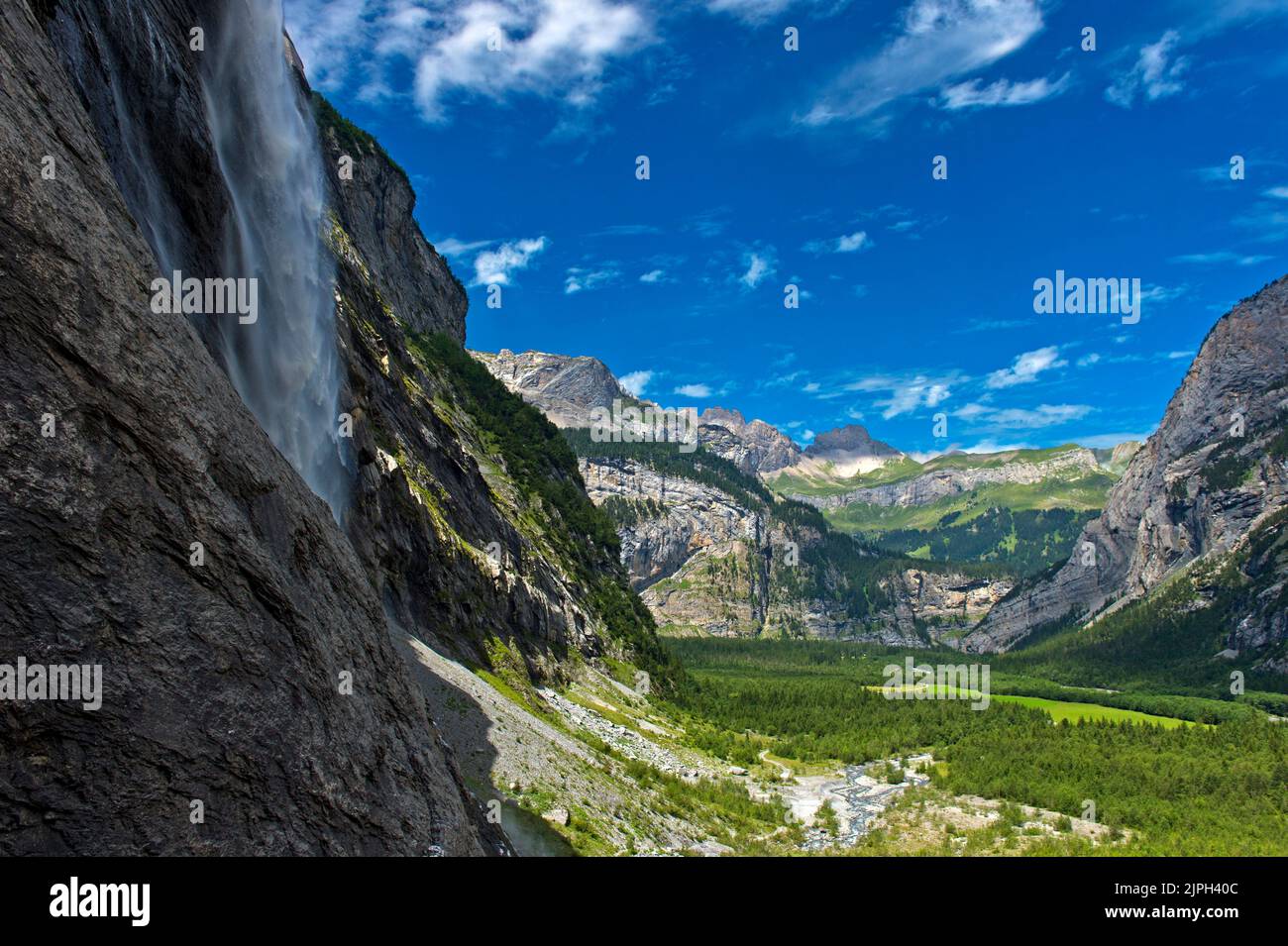 Alluvial area Gastereholz in the rock basin of the mountain valley Gasterntal, Kandersteg, Bernese Oberland, Canton of Bern, Switzerland Stock Photo