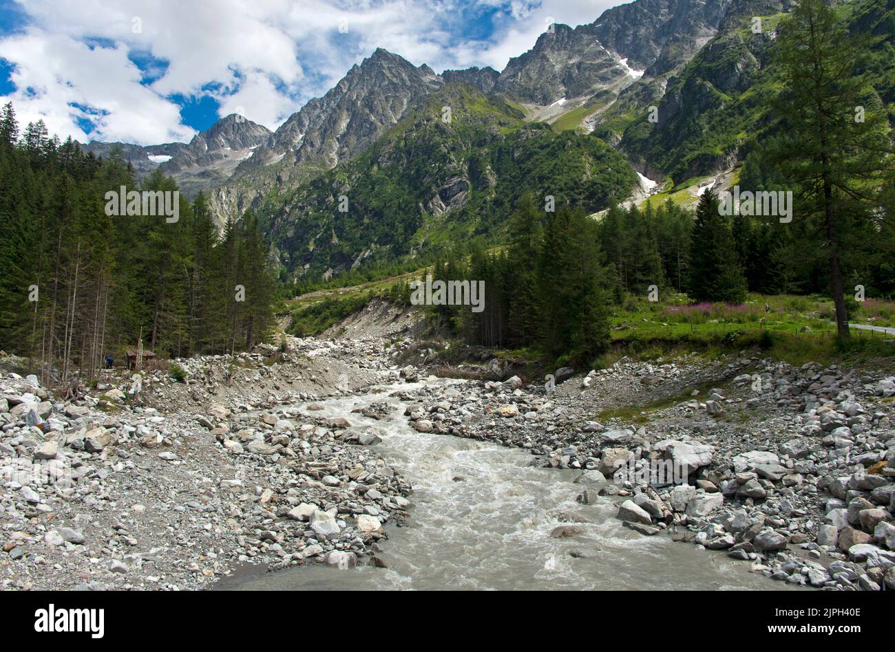 The Kander torrent with scree-strewn banks in the Gastern Valley, Kandersteg, Bernese Oberland, Canton of Bern, Switzerland Stock Photo