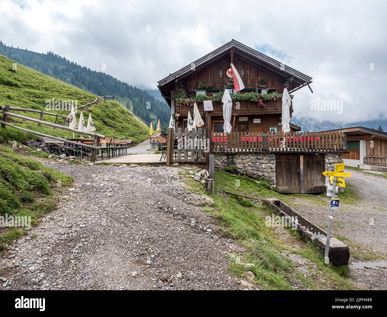 This image is of the Barenbadalm farm not far from the Karwendel Bergbahn cable car being popular with day trippers from Pertisau on Lake Achensee Stock Photo