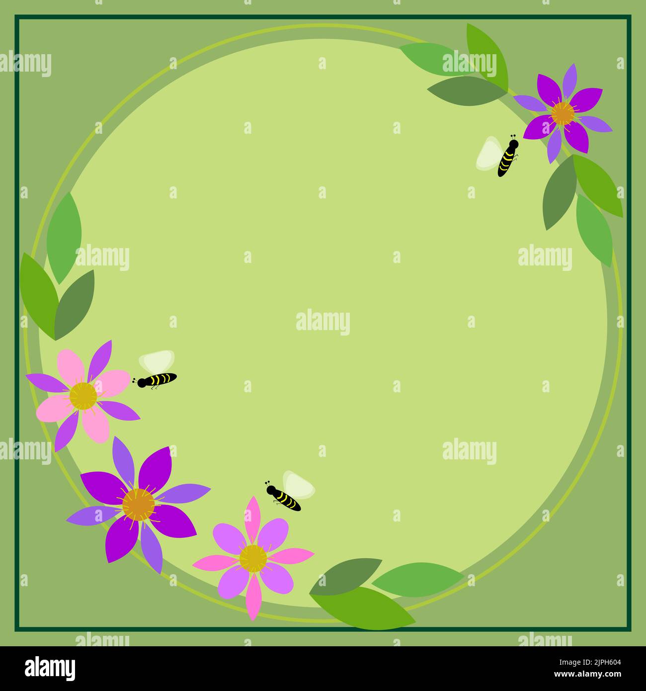 Frame With Bees, Leaves And Flowers Around And Important Announcement ...