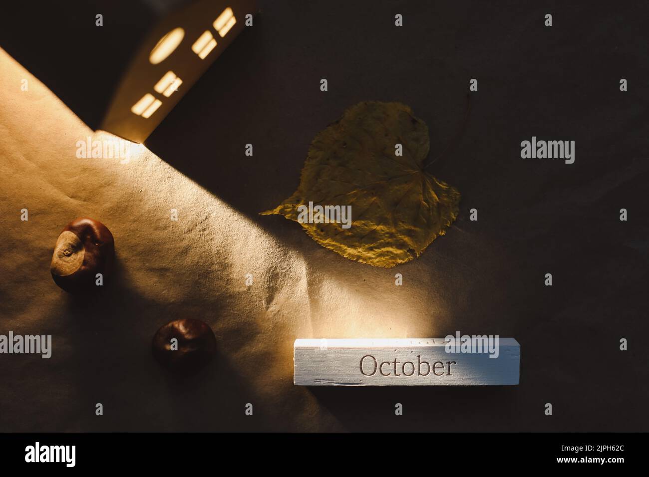 hello october. autumn cozy still life and decor top view Stock Photo