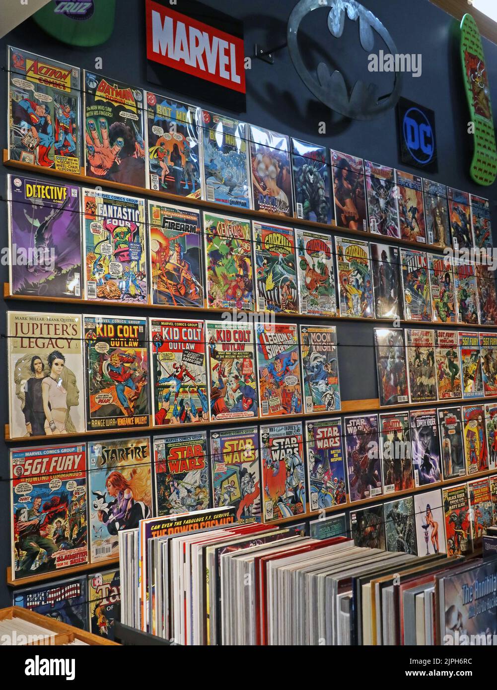 Qs, Marvel and other comics stall, in Hereford Butter Market, High Town, Hereford, Herefordshire, England, UK, HR1 2AA Stock Photo