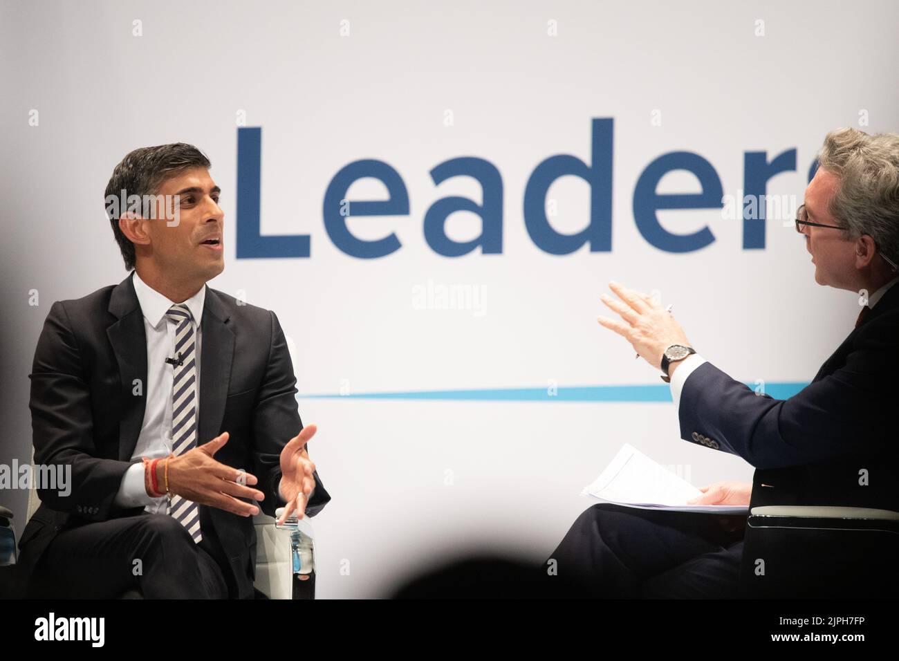 Rishi Sunak 2022 - being questioned by Colin Mackay at the Conservative Leadership Election hustings in Perth, Scotland, UK on 16 August 2022 Stock Photo