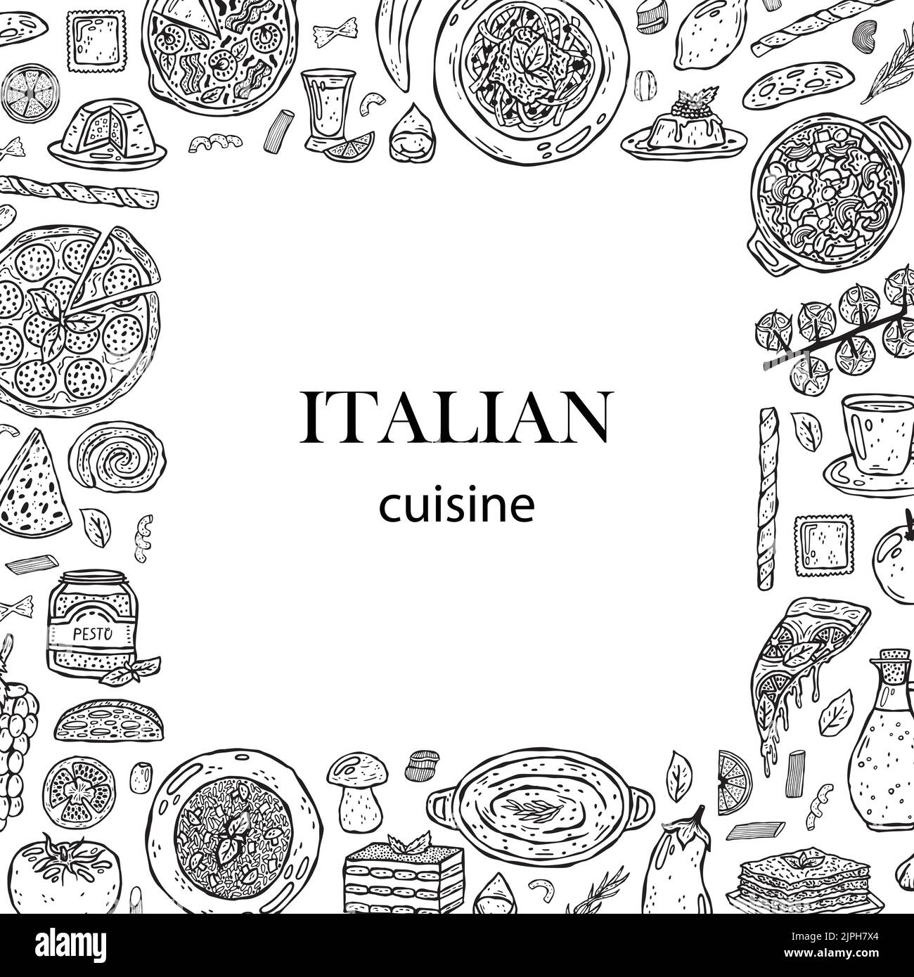 Vector template hand-drawn illustrations of Italian cuisine. Stock Vector