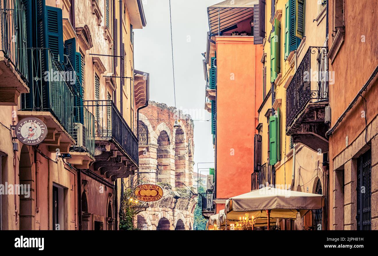 Palaces in the historic center of Verona city- Veneto region, northern Italy, cityscape of Verona city - italy Stock Photo