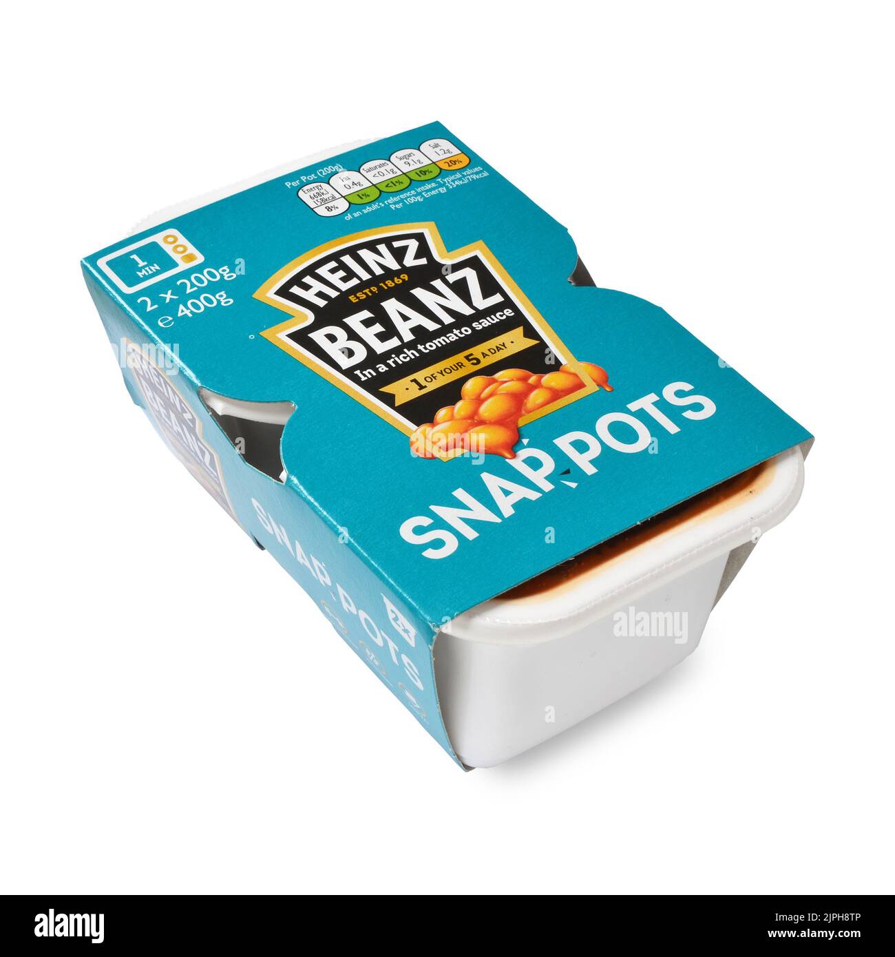 Pack of Heinz Snappots Baked Beans retail packaging on white background cut out Stock Photo
